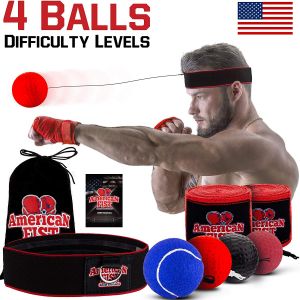 Boxing Reflex Ball Set, 4 Difficulty Level Training Balls On String, Punching Fight React Head Ball with Headband, Speed Hand Eye 